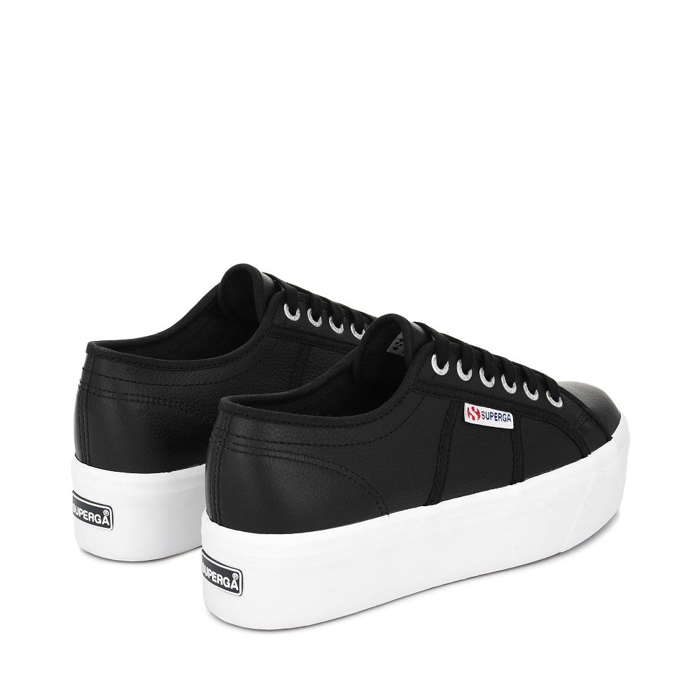 Superga 2790 Tumbled Leather Black Platform Sneakers - Women's Sneakers USA | US9276420